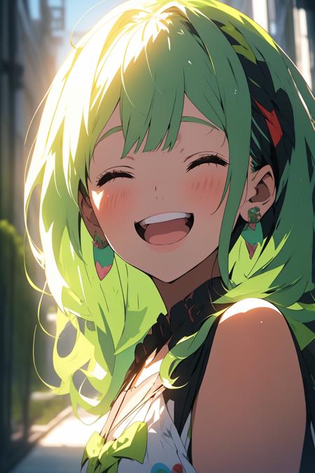 18550-253772104-,1girl, solo, closed eyes, open mouth, jewelry, earrings, smile, green hair, blush, bangs, portrait, facing viewer, bow, _d, ^_^.png